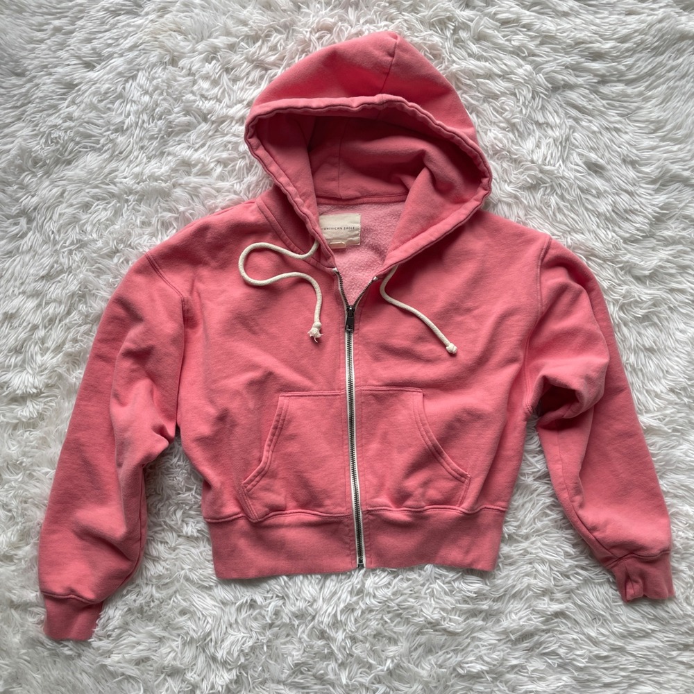 American Eagle Pink Cropped Zip Up Hoodie Sweatshirt